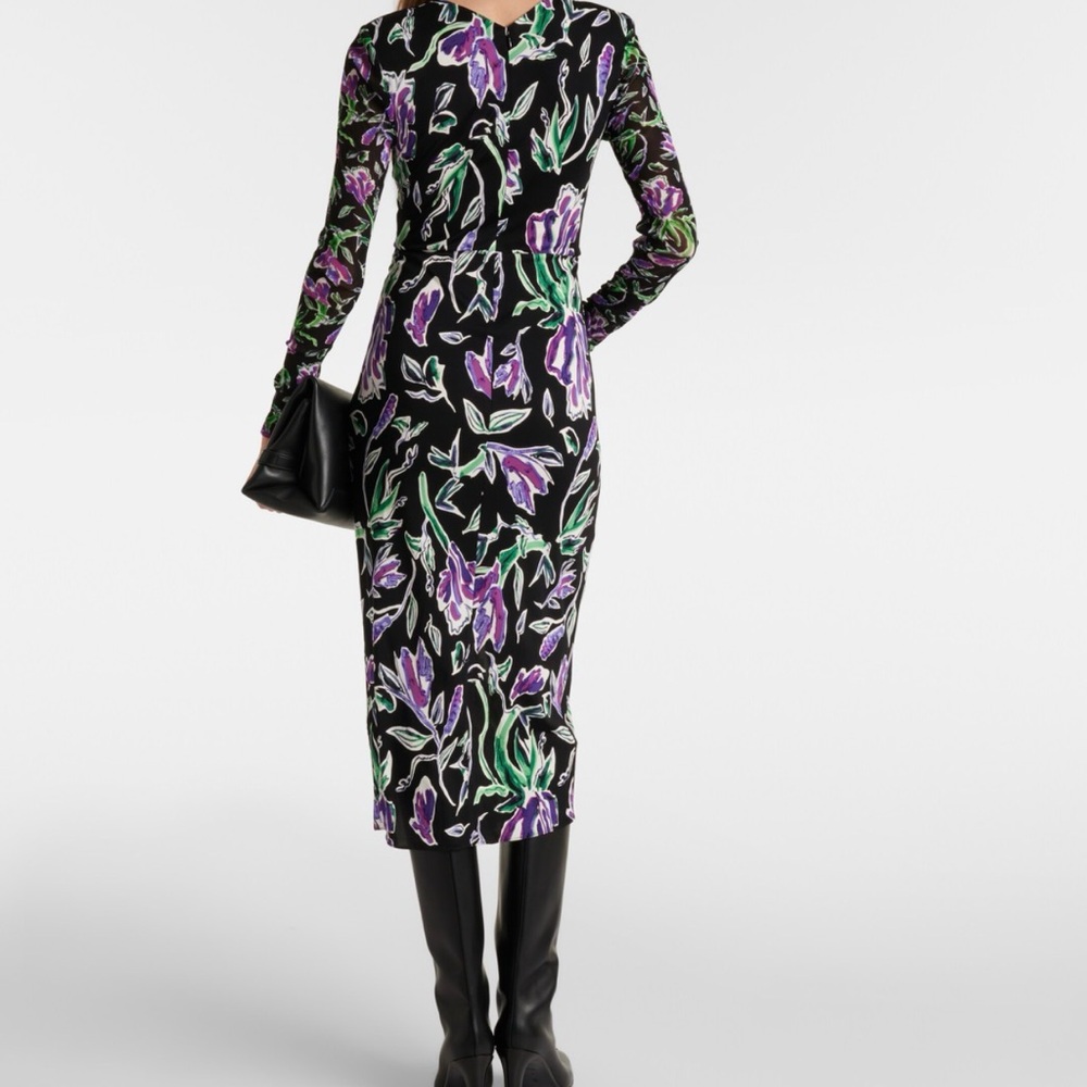 Diane Von Furstenberg Vivienne Black and Purple Floral Midi Dress, Size XL, NWT - Picture 3 of 11